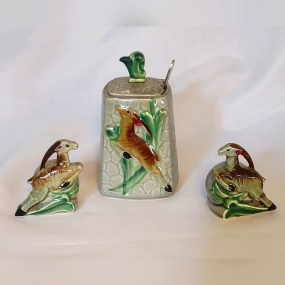 Vintage Batlin Leaping Antelope Ceramic Honey Pot w Spoon & Salt/Pepper Shakers - Picture 1 of 15
